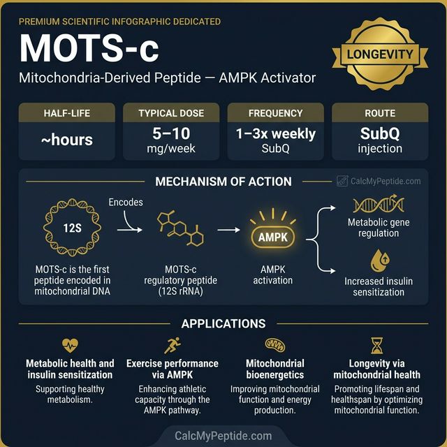 MOTS-c Dosing Quick Reference MOTS-c dosing guide infographic showing dose range 5-10 mg/week, half-life ~4-6 hours (estimated), and reconstitution example