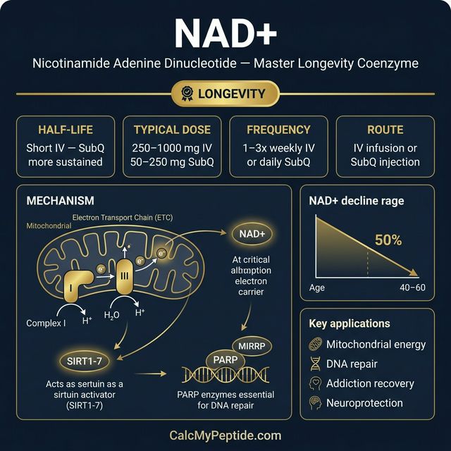 NAD+ Dosing Quick Reference NAD+ dosing guide infographic showing dose range 50-250 mg (SubQ) or 250-1000 mg (IV), half-life ~45 minutes (IV), and reconstitution example