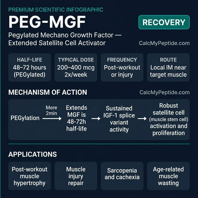 PEG-MGF Dosing Quick Reference PEG-MGF dosing guide infographic showing dose range 200-400 mcg/day, half-life ~3-5 days (PEGylated), and reconstitution example