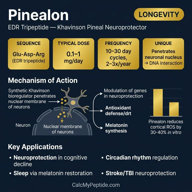 Pinealon Dosing Quick Reference Pinealon dosing guide infographic showing dose range 10-20 mg/day (oral/nasal) or 1-2 mg SC, half-life ~30 minutes (estimated), and reconstitution example