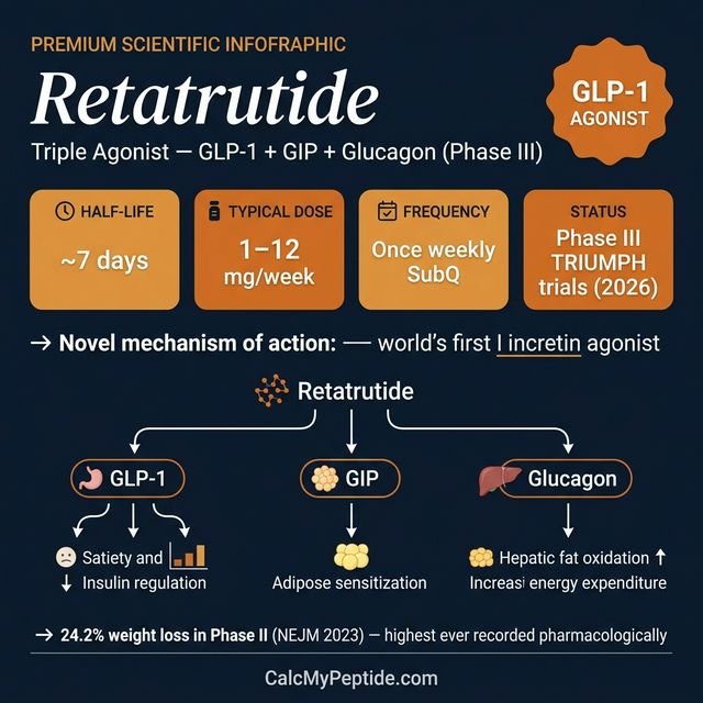 Retatrutide Dosing Quick Reference Retatrutide dosing guide infographic showing dose range 1-12 mg/week, half-life ~144 hours (6 days), and reconstitution example