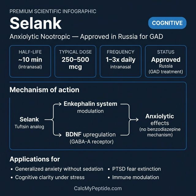 Selank Dosing Quick Reference Selank dosing guide infographic showing dose range 250-750 mcg/day (intranasal), half-life ~3 minutes (rapid metabolism), and reconstitution example