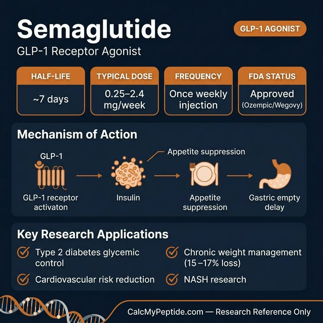 Semaglutide Dosing Quick Reference Semaglutide dosing guide infographic showing dose range 0.25-2.4 mg/week, half-life ~168 hours (7 days), and reconstitution example