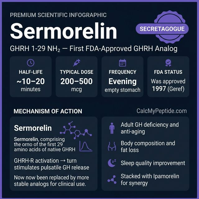 Sermorelin Dosing Quick Reference Sermorelin dosing guide infographic showing dose range 200-300 mcg/day, half-life ~10-20 minutes, and reconstitution example