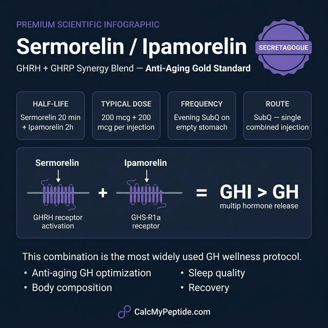 Sermorelin + Ipamorelin Combo Dosing Quick Reference Sermorelin + Ipamorelin Combo dosing guide infographic showing dose range 100-300 mcg each per injection, half-life ~10-30 min / ~2 hours, and reconstitution example