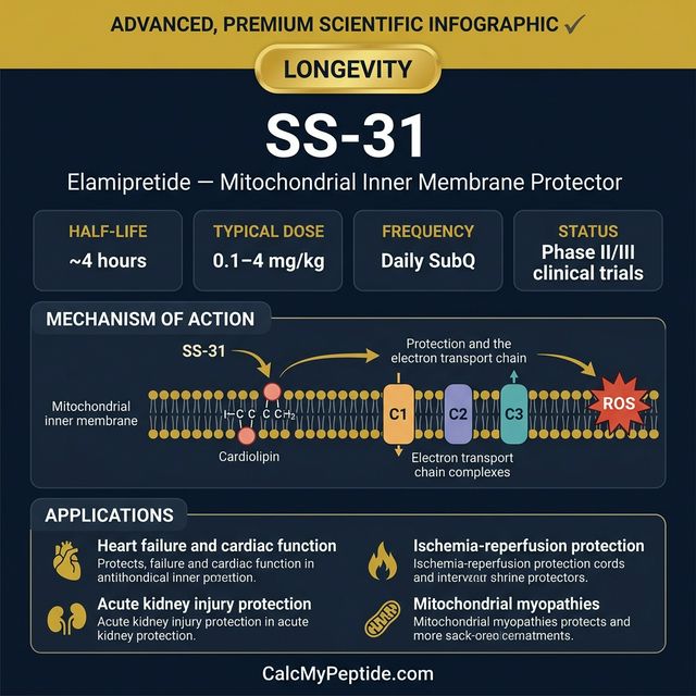 SS-31 Dosing Quick Reference SS-31 dosing guide infographic showing dose range 20-40 mg/day (clinical trials), half-life ~4 hours, and reconstitution example