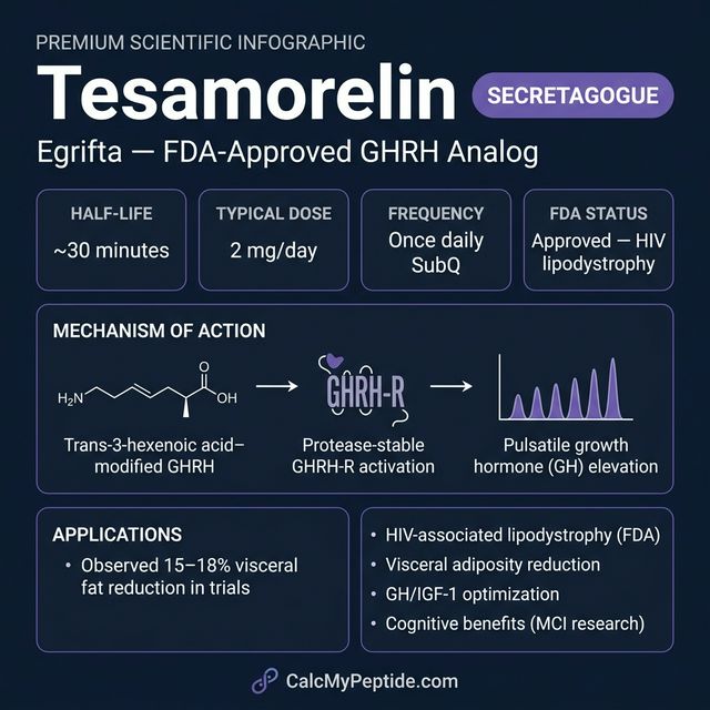 Tesamorelin Dosing Quick Reference Tesamorelin dosing guide infographic showing dose range 1-2 mg/day, half-life ~26-38 minutes, and reconstitution example