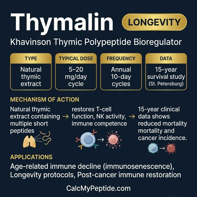 Thymalin Dosing Quick Reference Thymalin dosing guide infographic showing dose range 10 mg/day for 10 days, half-life ~30 minutes, and reconstitution example