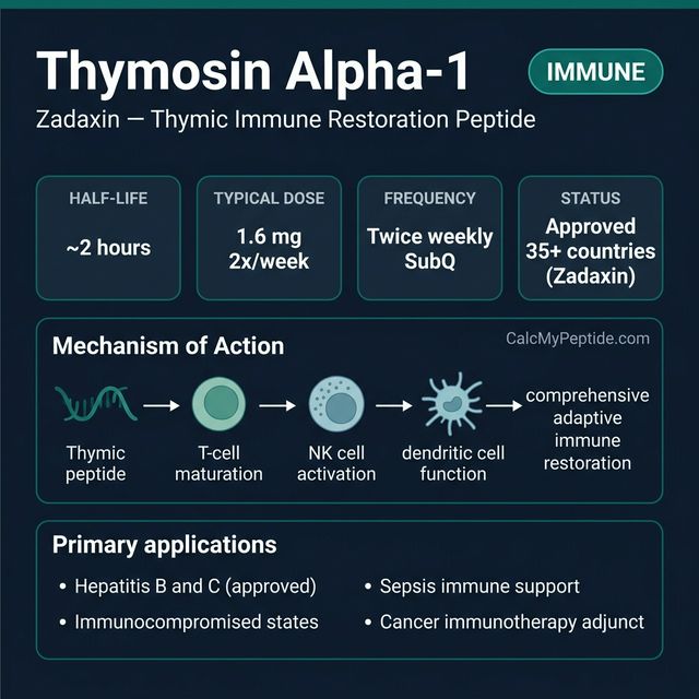 Thymosin Alpha-1 Dosing Quick Reference Thymosin Alpha-1 dosing guide infographic showing dose range 1.6-3.2 mg twice weekly, half-life ~2 hours, and reconstitution example