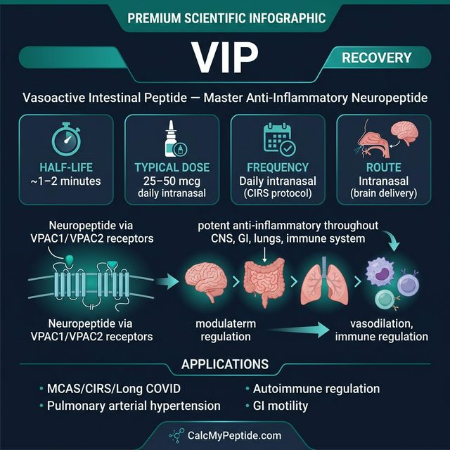 VIP Dosing Quick Reference VIP dosing guide infographic showing dose range 50-200 mcg (intranasal), half-life ~2 minutes, and reconstitution example